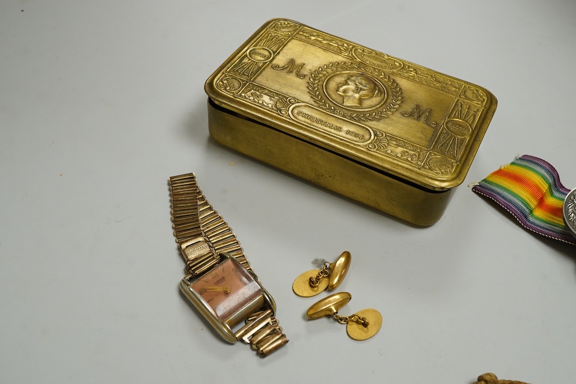 GRV military medal, related Christmas Mary tin, 1914, two pocket watches, etc.